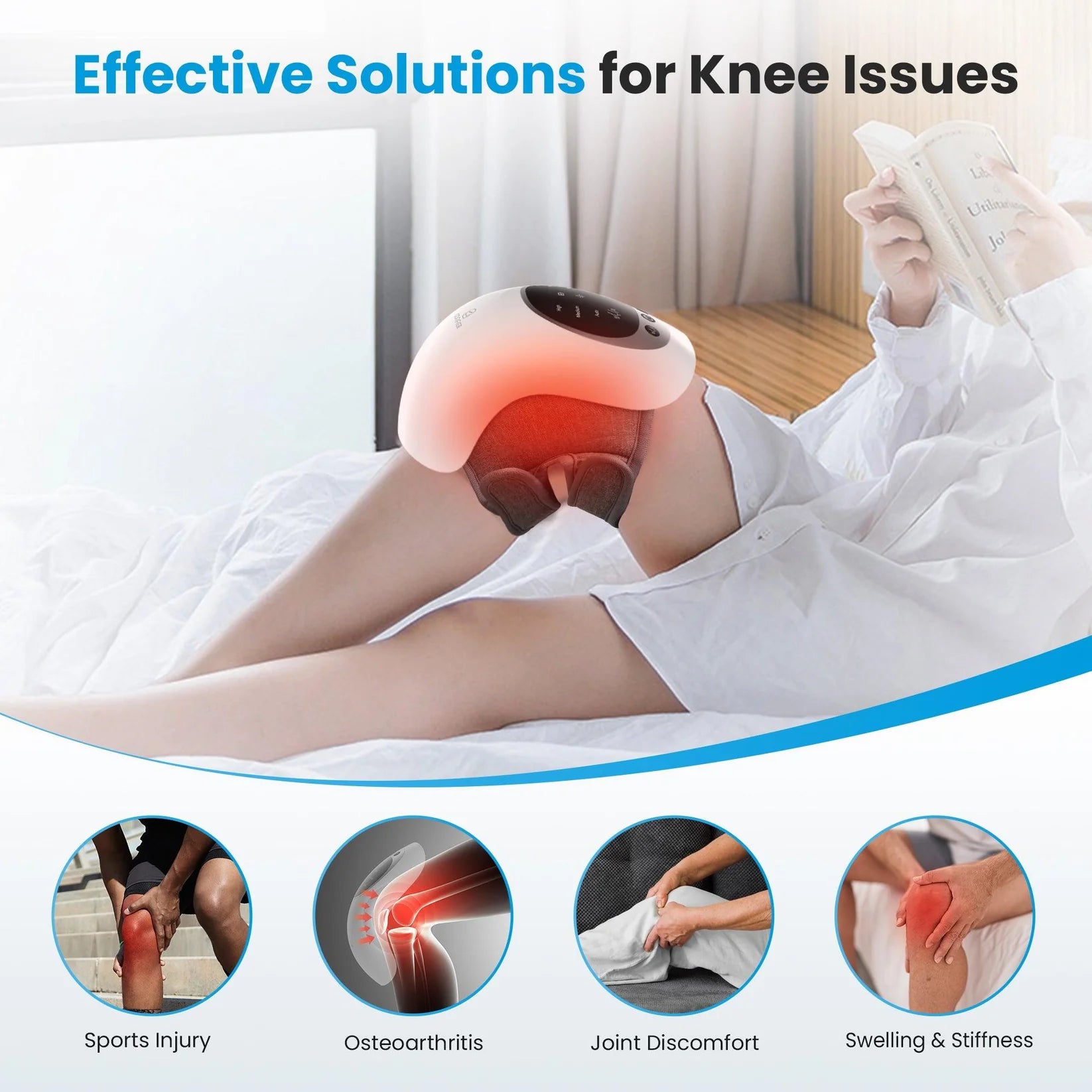 A knee massager being used on a person's knee while they lie on a bed reading a book. The ad includes the text 'Effective Solutions for Knee Issues' and four circular inset images showing sports injury, osteoarthritis, joint discomfort, and swelling.