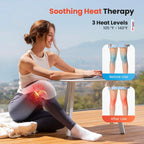 Woman using a heat therapy device with before and after effects on her leg, set against a scenic background.