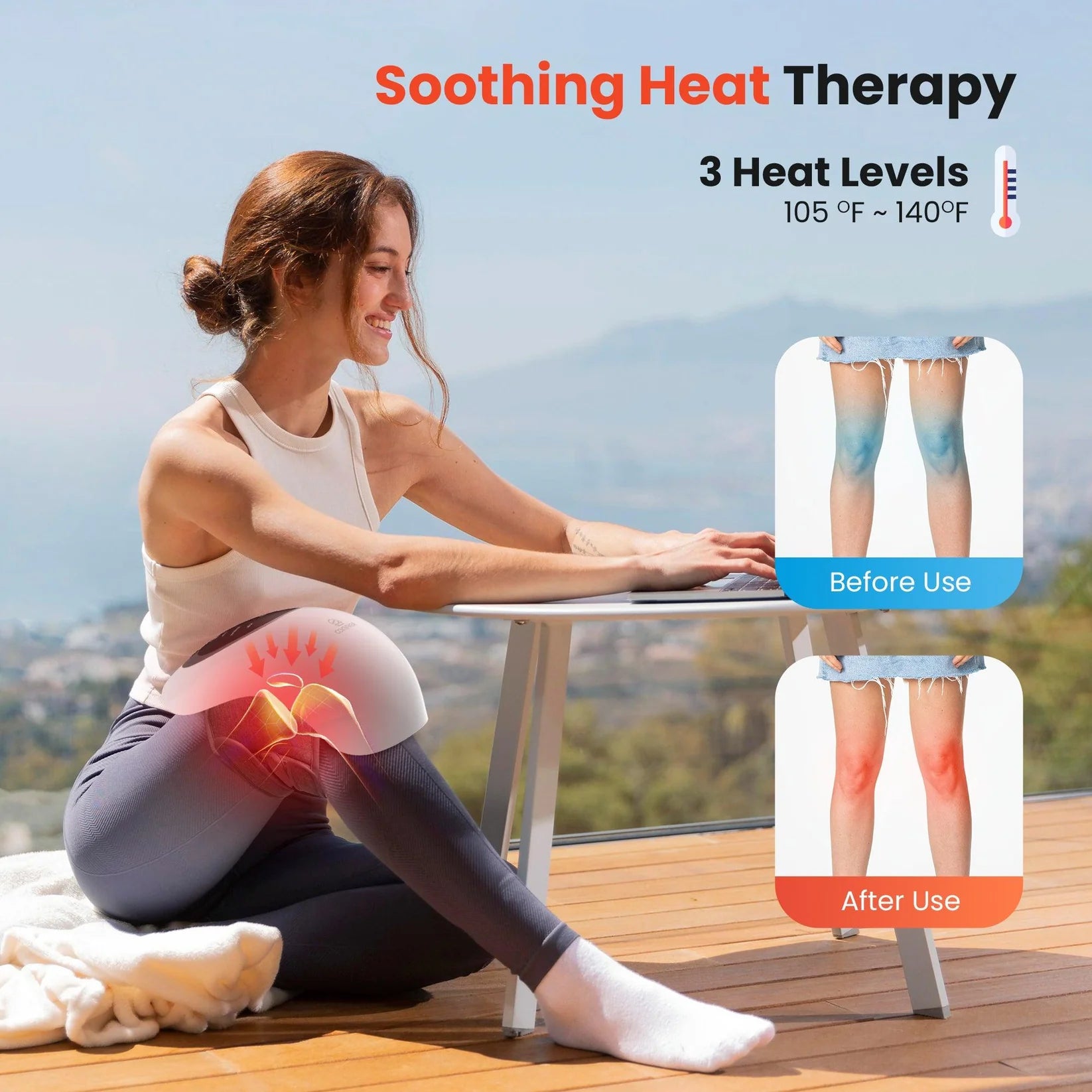 Woman using a heat therapy device with before and after effects on her leg, set against a scenic background.