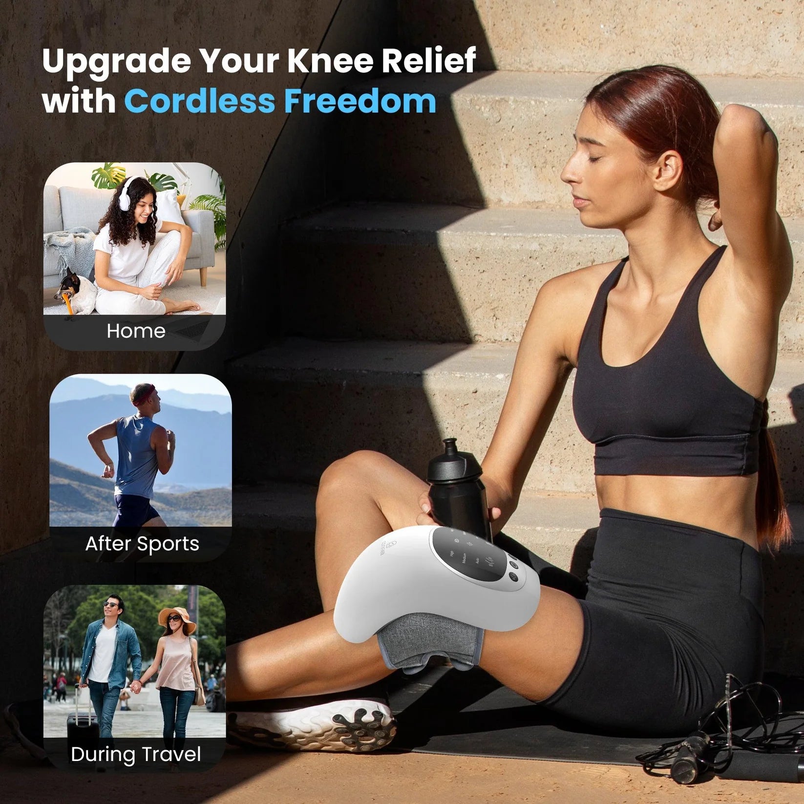 A woman in black activewear sits on stone steps using a white cordless knee massage device. The image includes marketing text reading 'Upgrade Your Knee Relief with Cordless Freedom' and three inset lifestyle scenes labeled Home, After Sports, and During Travel.