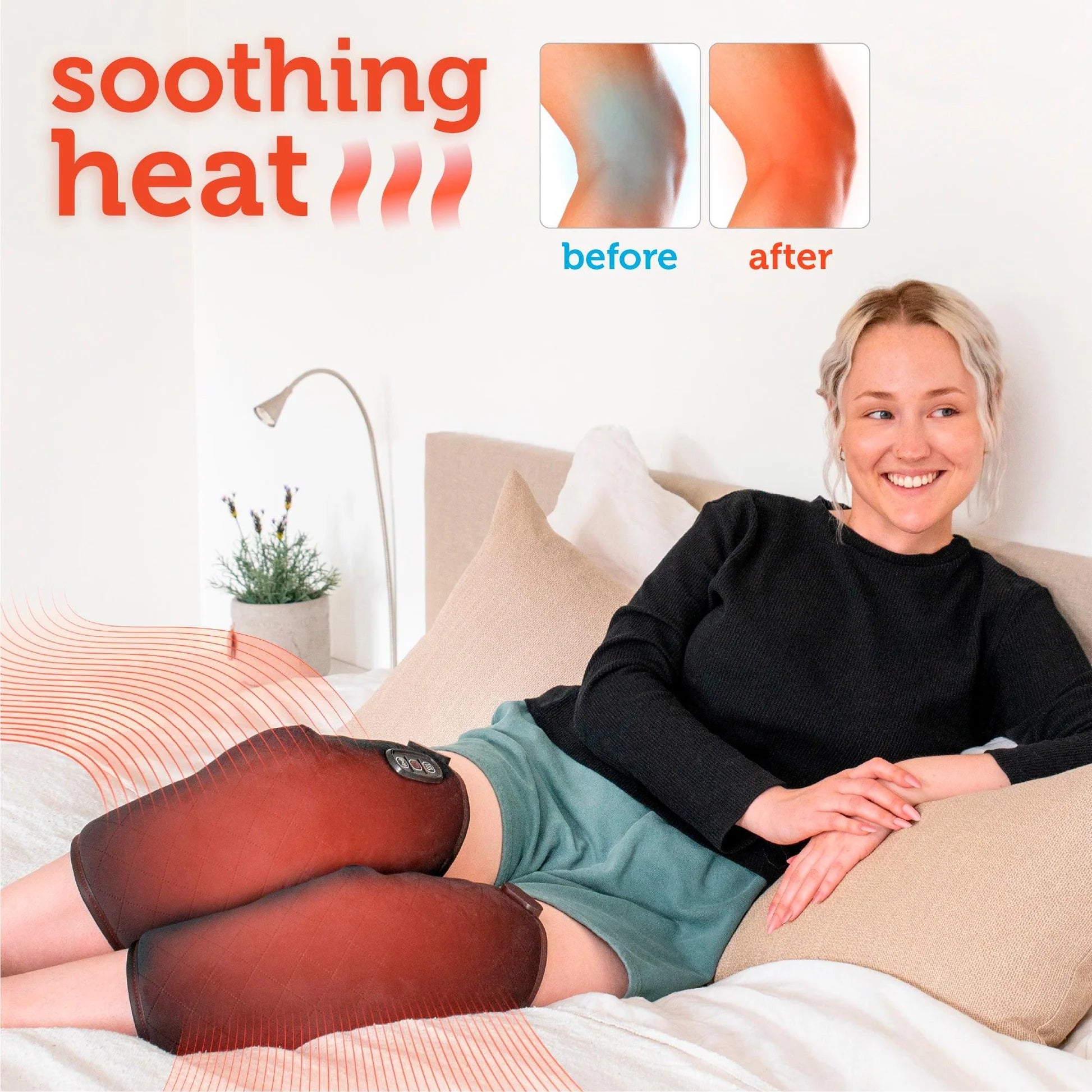 Woman wearing knee heating pads with 'soothing heat' text and 'before'/'after' illustrations.