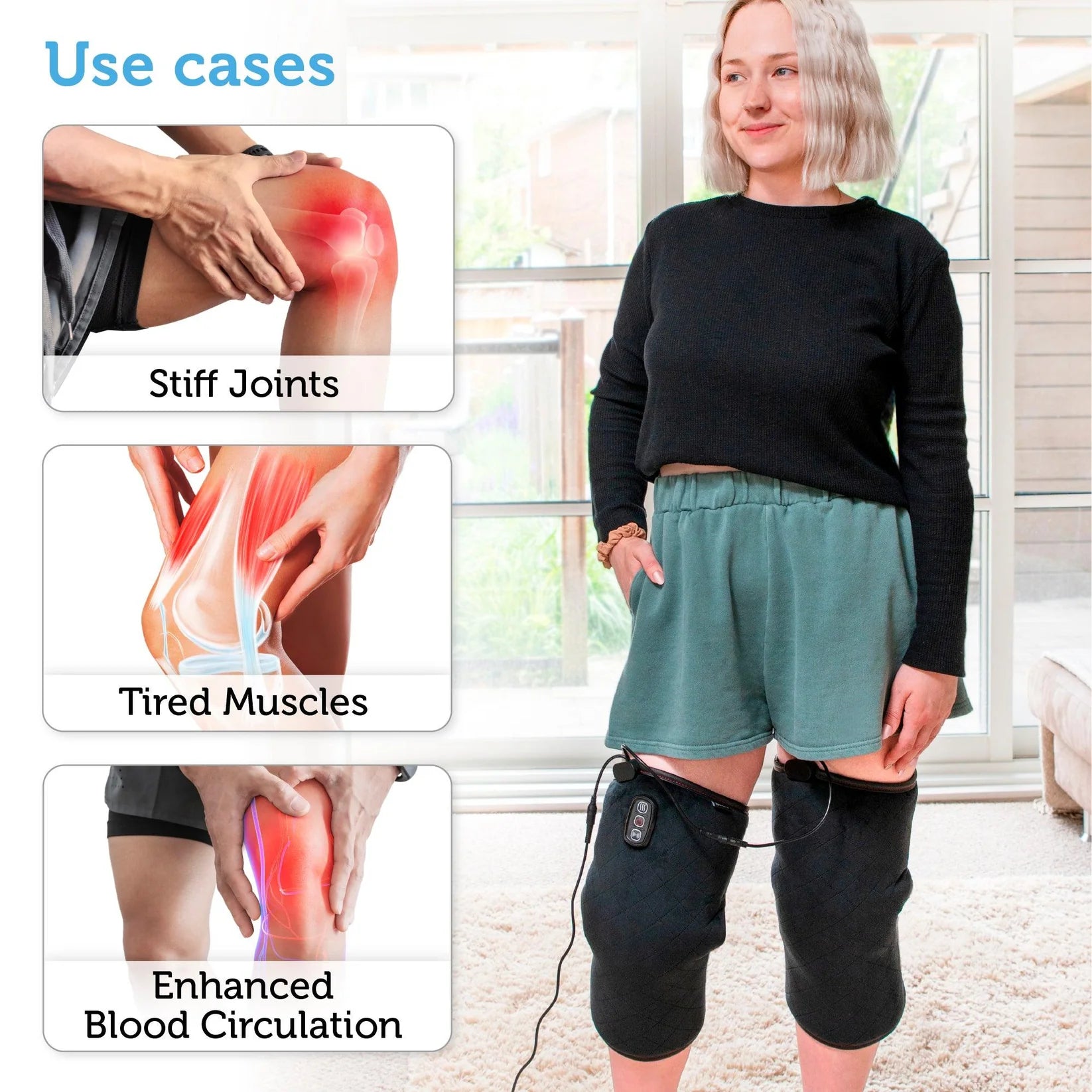 Person using a heating pad on their legs with text indicating use cases for stiff joints, tired muscles, and enhanced blood circulation.