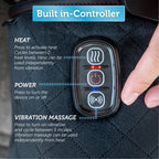 Close-up of a built-in controller on a black heated massager, with a finger touching the control panel. White text labels explain the heat, power, and vibration massage functions.