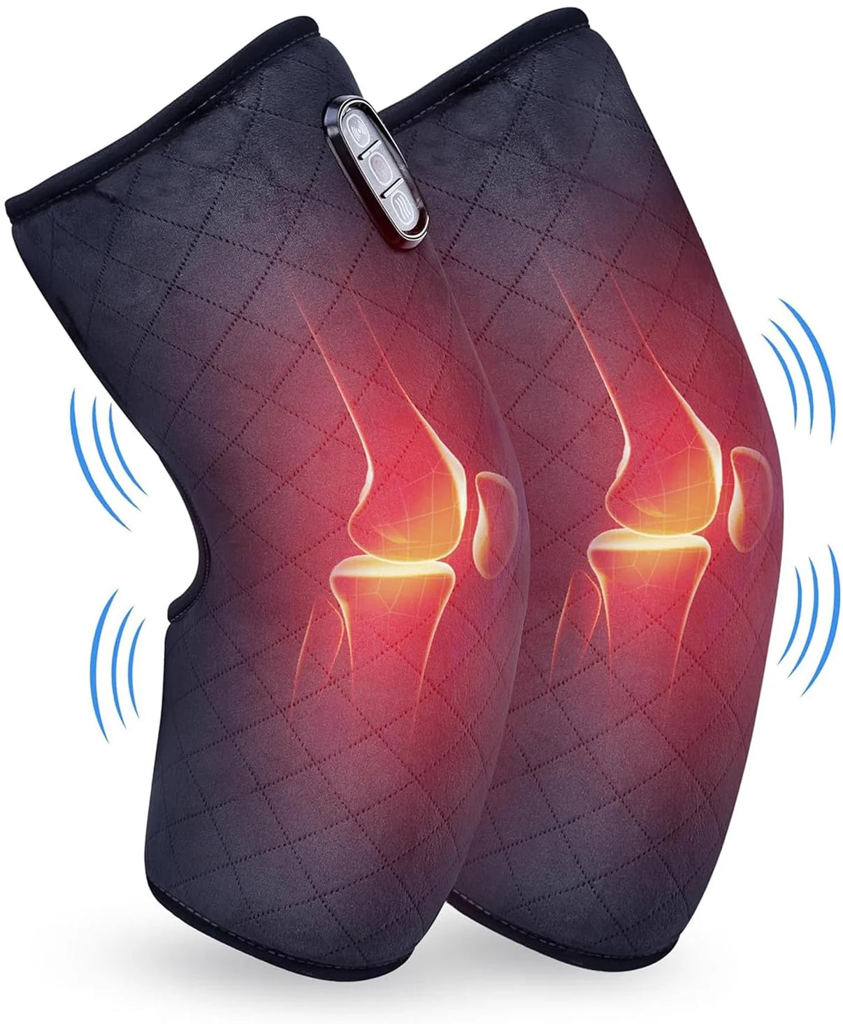 Black knee support brace with glowing knee illustration on a white background