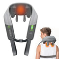 A cordless neck and shoulder massage device shown on a white background, with a large front view and a smaller lifestyle inset of a person wearing it on the neck. The device is gray with black controls and a glowing orange heat effect.
