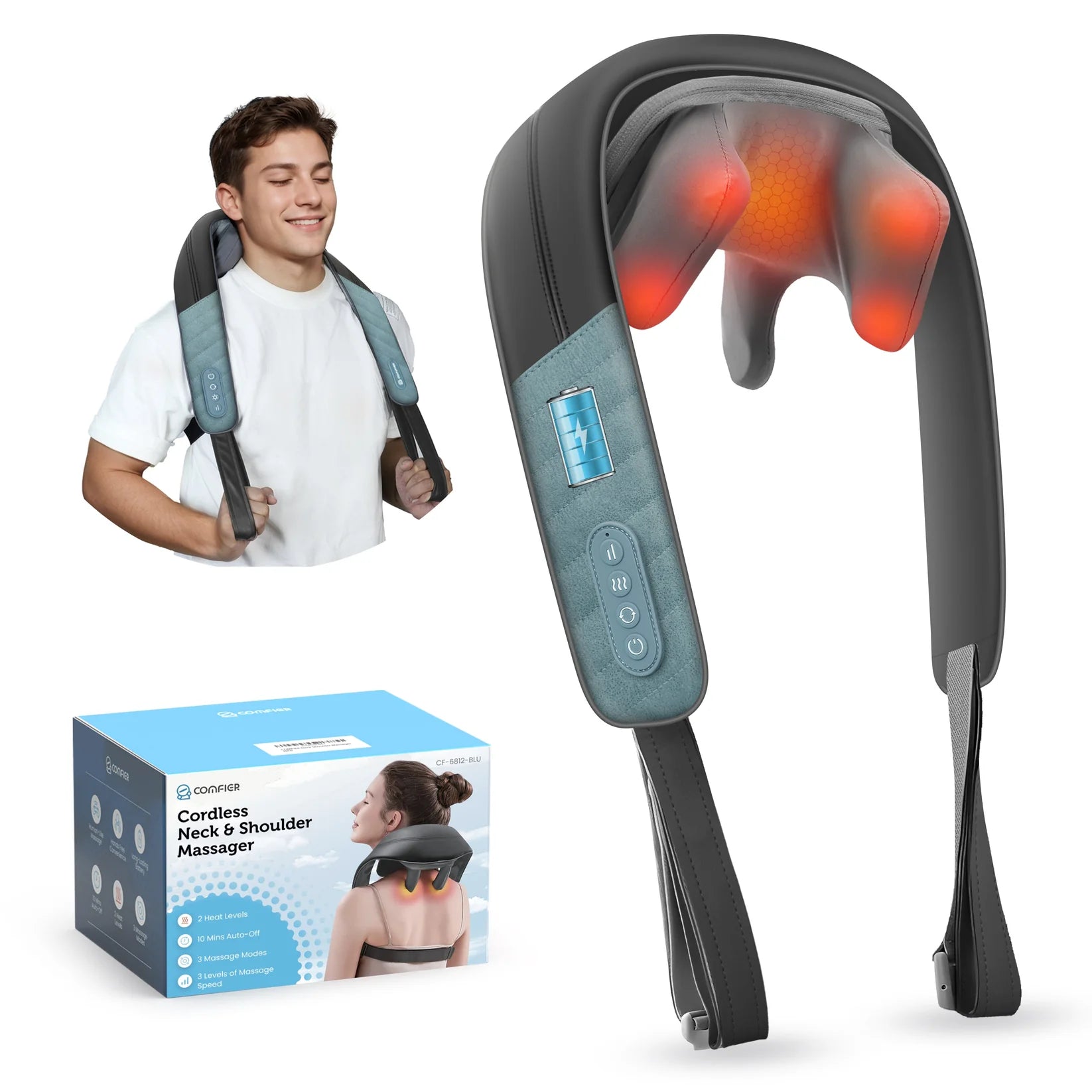 A cordless neck and shoulder massage device shown prominently on a white background, alongside a man wearing it and the product box. The device is dark gray with a blue-gray textured strap and an illuminated red-orange massage head.
