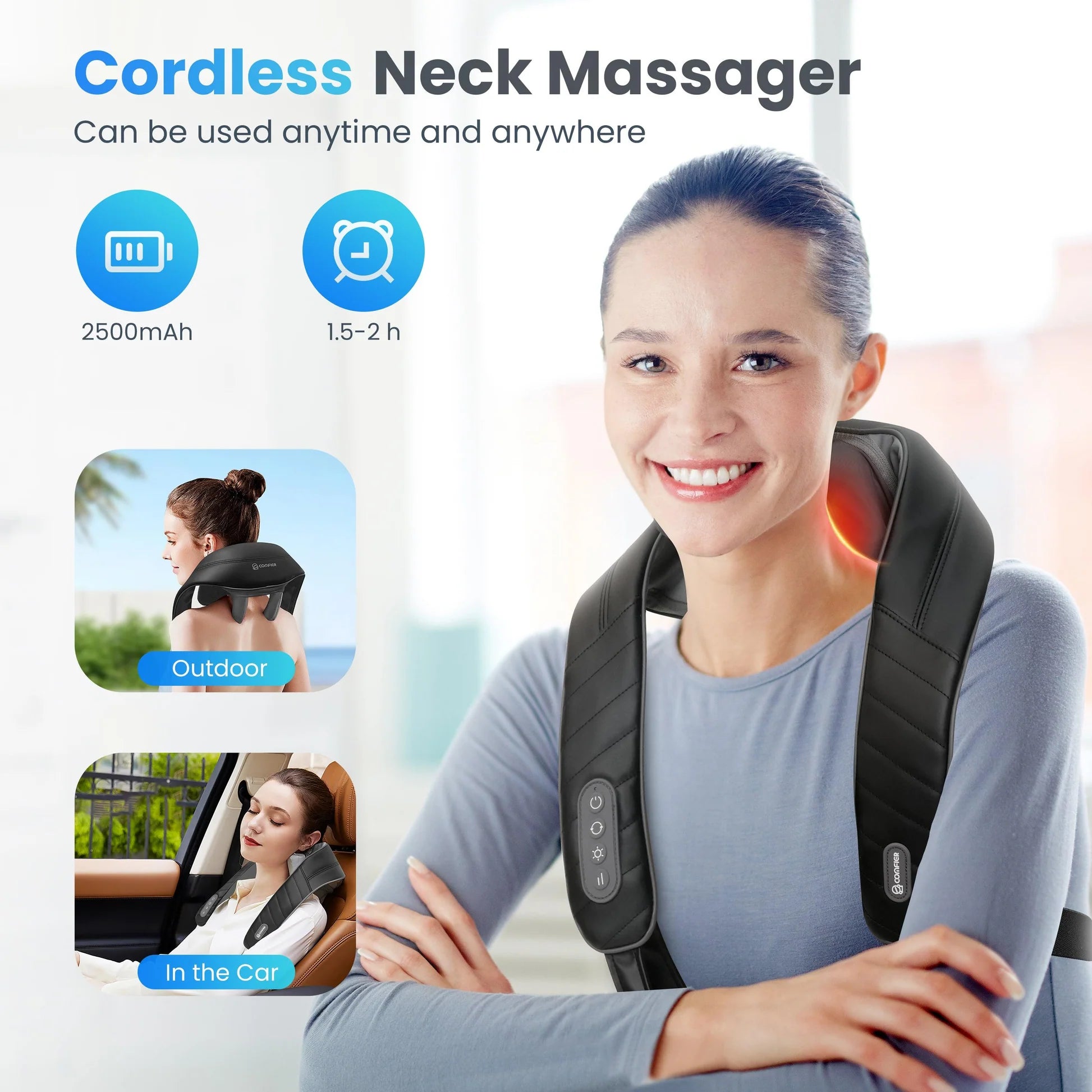 Woman using a cordless neck massager with product features highlighted.