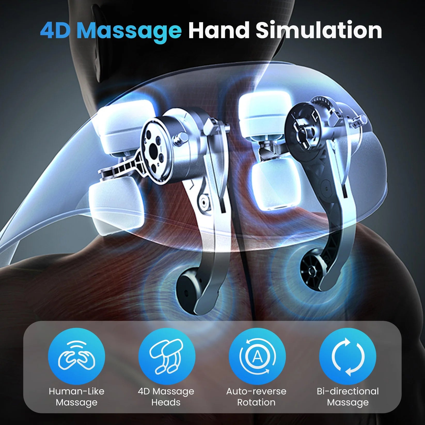 4D massage hand simulation device with labeled features on a dark background