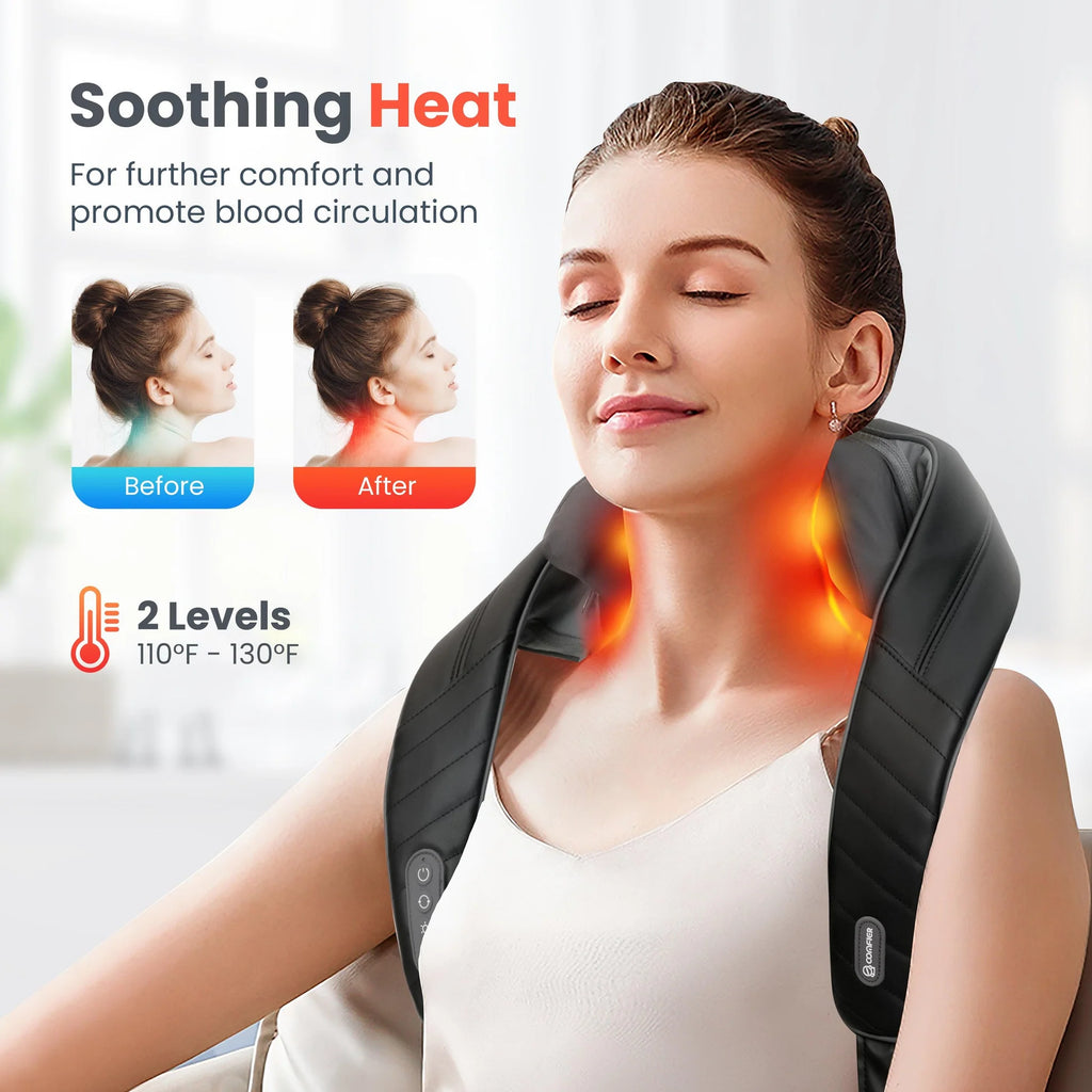 Woman using a neck and shoulder massager with text on soothing heat and blood circulation.