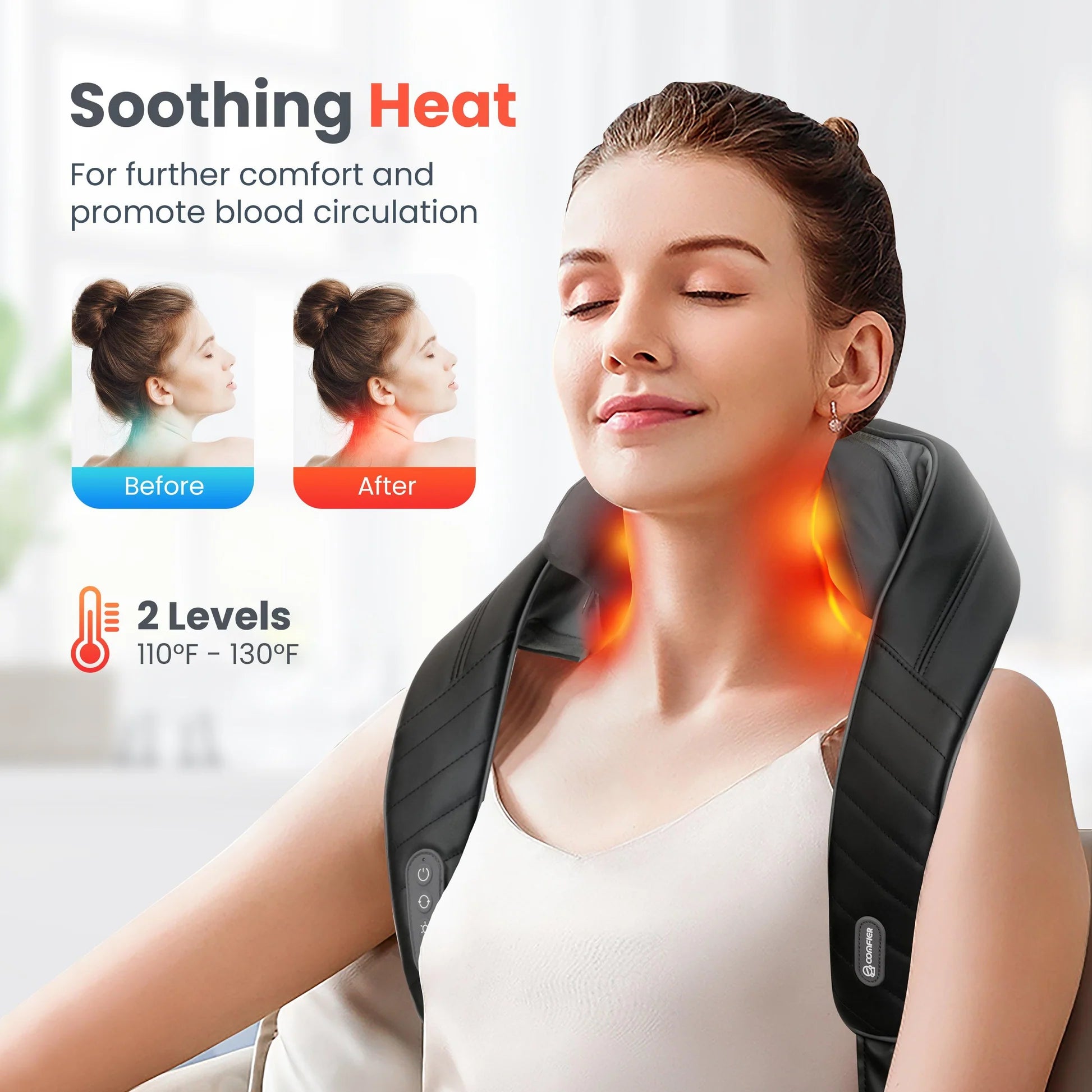 Woman using a neck and shoulder massager with text on soothing heat and blood circulation.