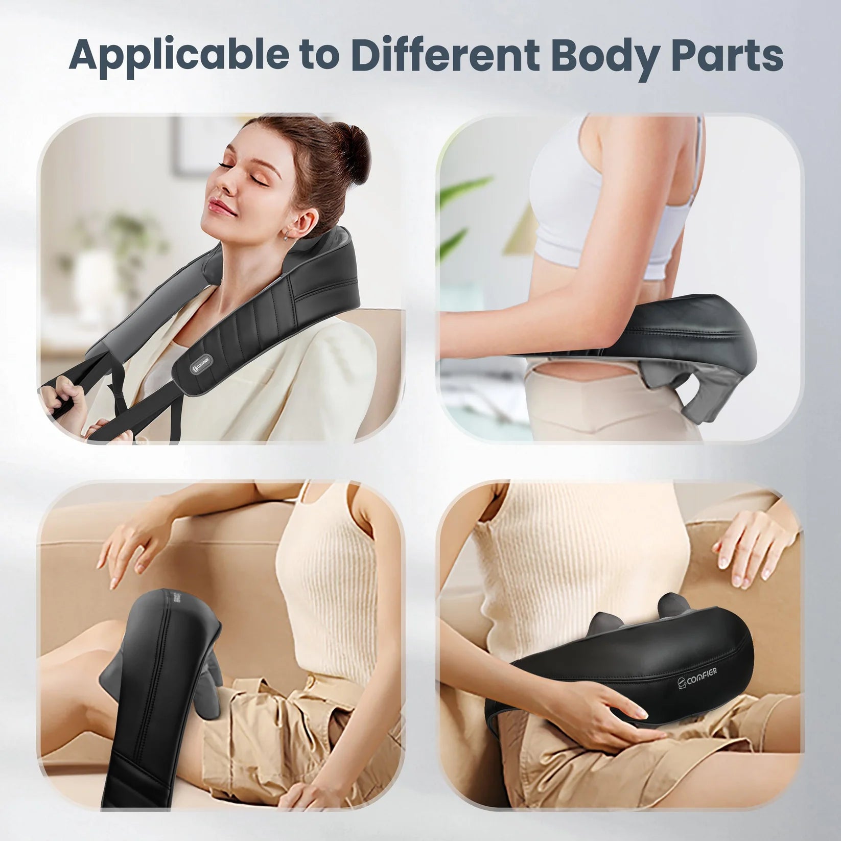 Masseur device being used on various body parts with text 'Applicable to Different Body Parts'.