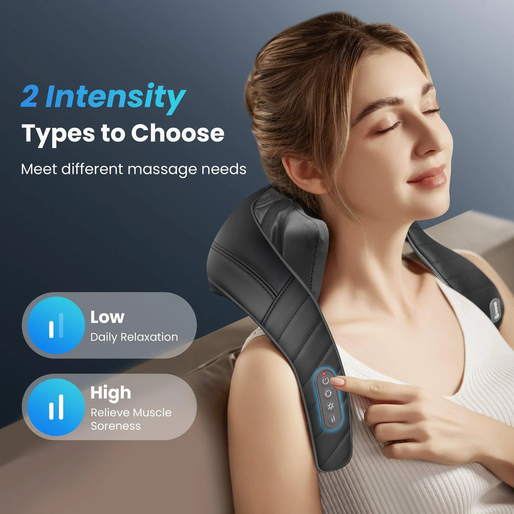 Woman using a neck and shoulder massager with text on intensity levels.