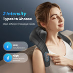 Woman using a neck and shoulder massager with text on intensity levels.
