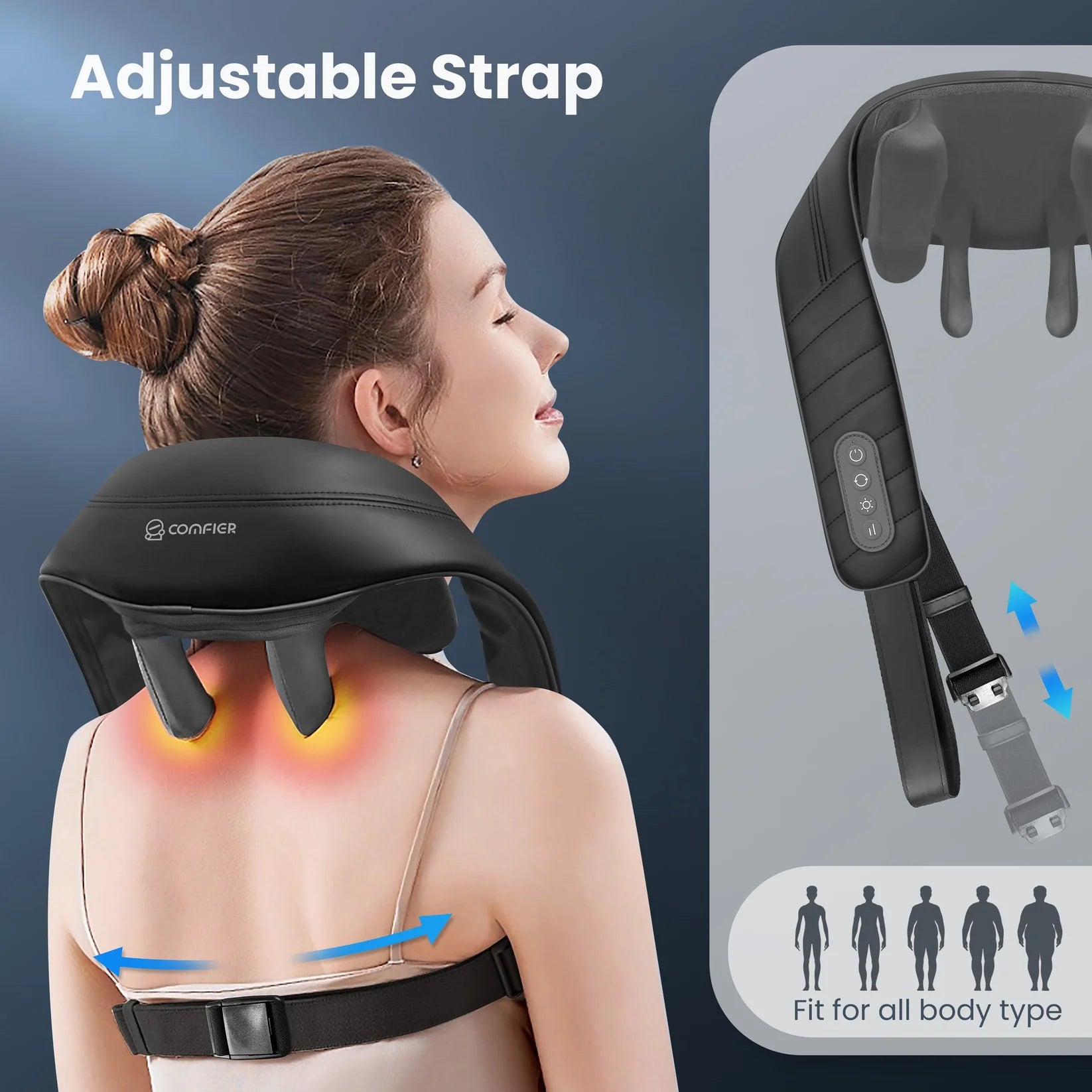 Woman using a neck and shoulder massager with adjustable strap, showing close-up of the device.