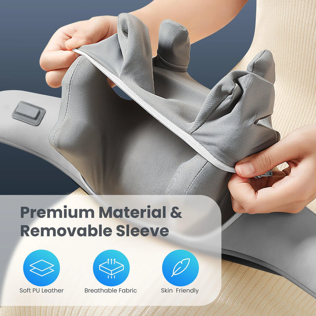 A close-up of a gray massage or cushion sleeve being pulled off a chair by two hands, with text reading 'Premium Material & Removable Sleeve' and feature icons below.