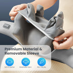 A close-up of a gray massage or cushion sleeve being pulled off a chair by two hands, with text reading 'Premium Material & Removable Sleeve' and feature icons below.